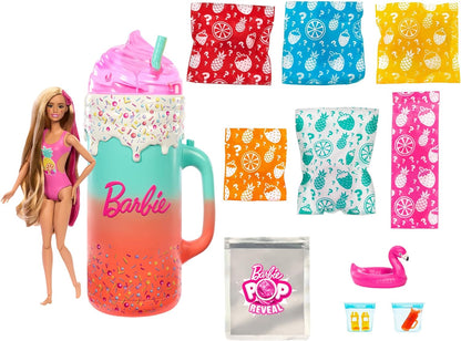 Barbie Pop Reveal Muñeca y accesorios, Rise &amp; Surprise Fruit Series Set de regalo con muñeca perfumada, mascota perfumada suave, cambio de color, arena moldeable y más, más de 15 sorpresas, HRK57