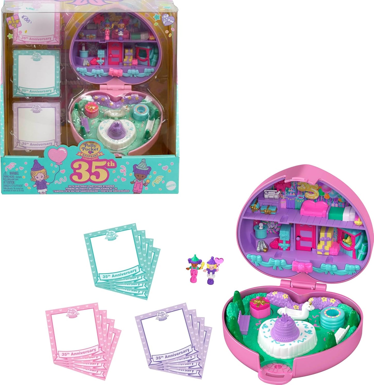 Polly Pocket Dolls e Playset, Collector Heritage Compact, 35th Birthday Partytime Stamper com 2 bonecas, 3 selos de festa e 12 cartões estacionários, HWP20