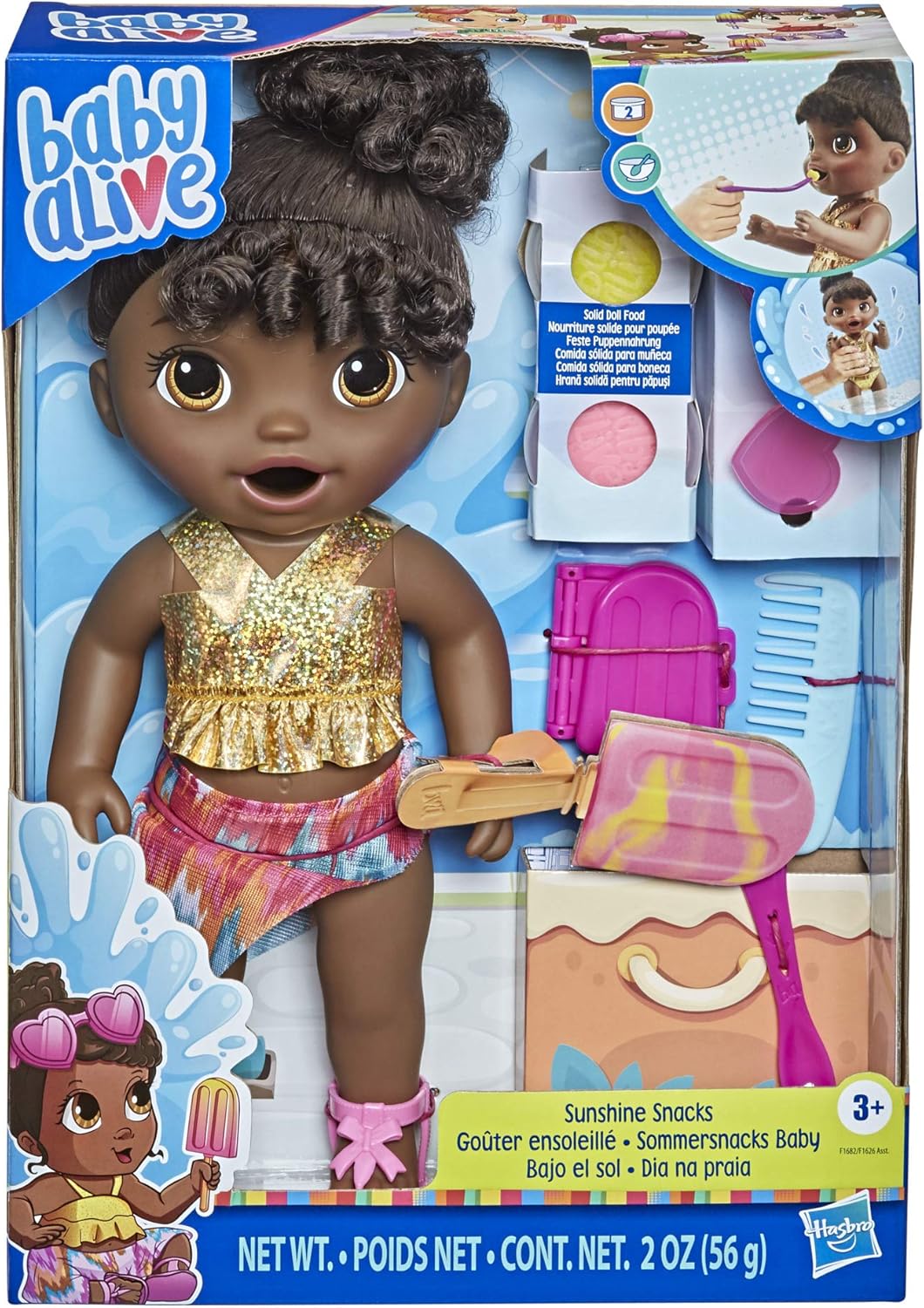 Baby Alive Boneca Sunshine Snacks, come e faz cocô, boneca aquática com tema de verão, molde para picolé, brinquedo para crianças de 3 anos ou mais, cabelo preto