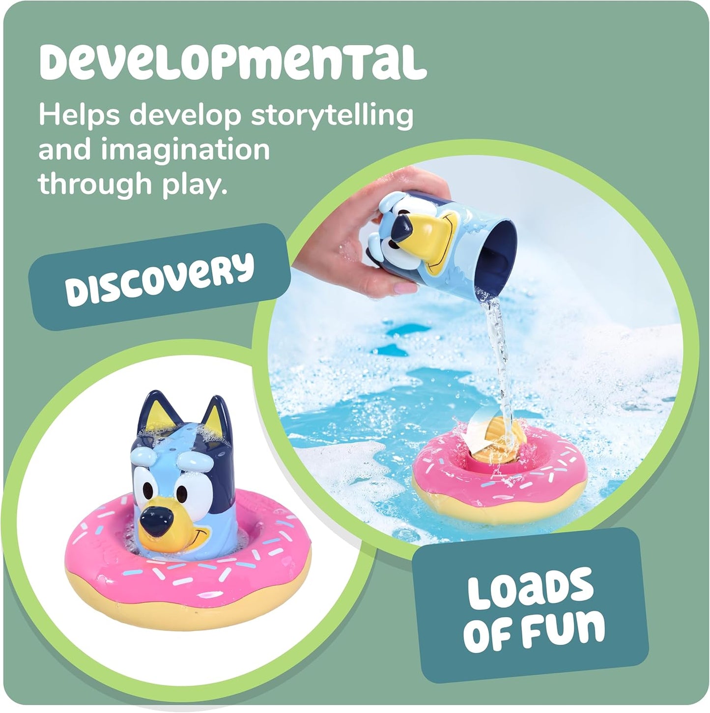 Toomies Bluey Splash and Float Bluey - Copo de despejar de brinquedo de banho com furos de chuveiro e anel de piscina de brinquedo de roda d'água - Brinquedos sensoriais de água - Bluey Toys oficialmente licenciados - Brinquedos de banho para bebês