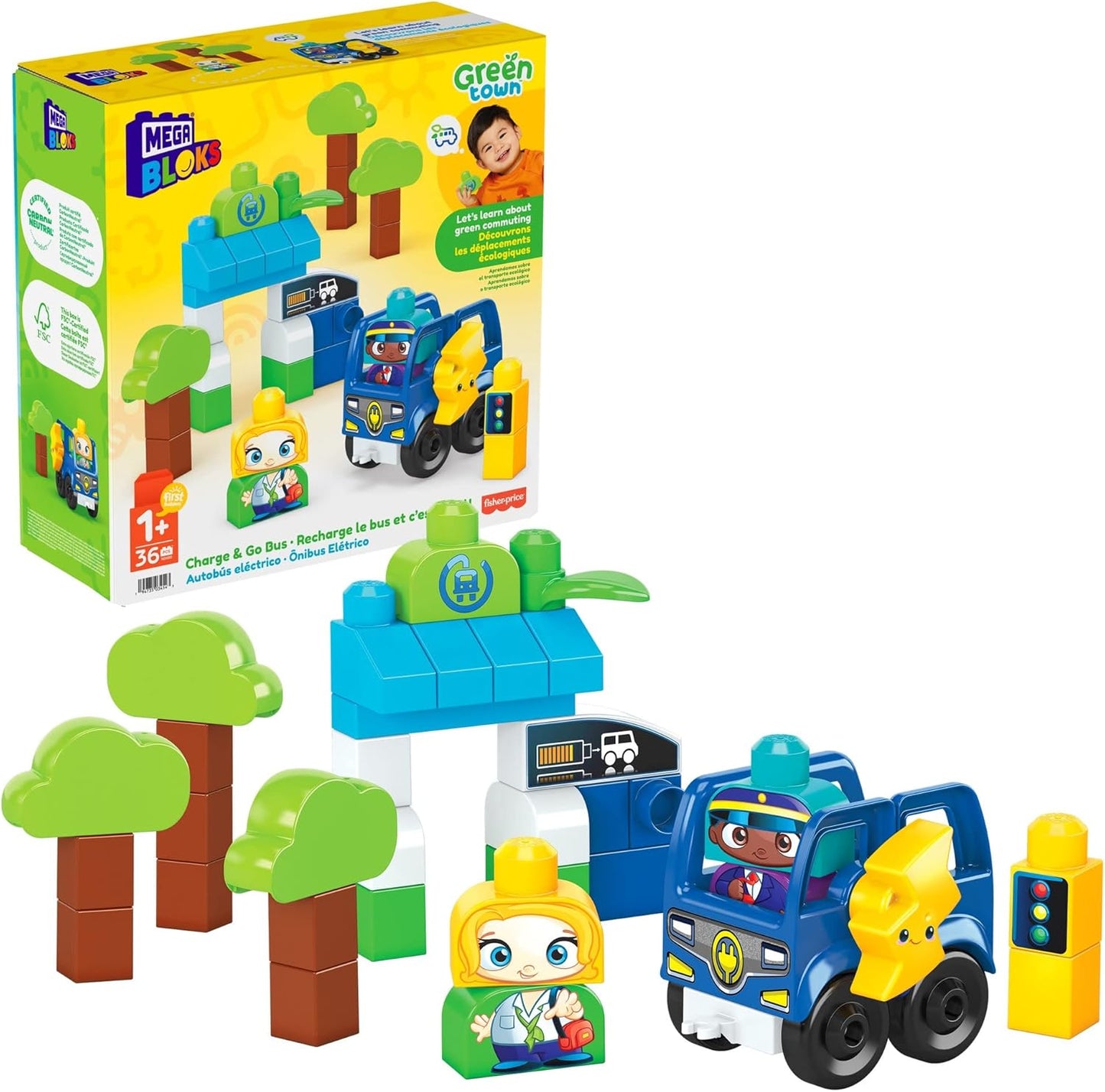 MEGA Blocos de construção infantis BLOKS Fisher-Price, ônibus Green Town Charge & Go com 34 peças, 2 figuras, crianças de 1 ano ou mais