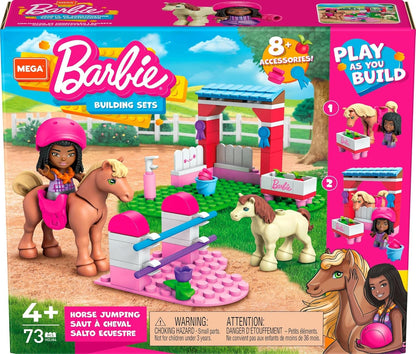 MEGA Conjunto de construção Barbie Horse Jumping - Inclui 68 blocos de construção - 1 microboneca, cavalo e pônei - 3 itens de moda - Adereços estáveis - Presente para crianças a partir de 4 anos - HDJ84