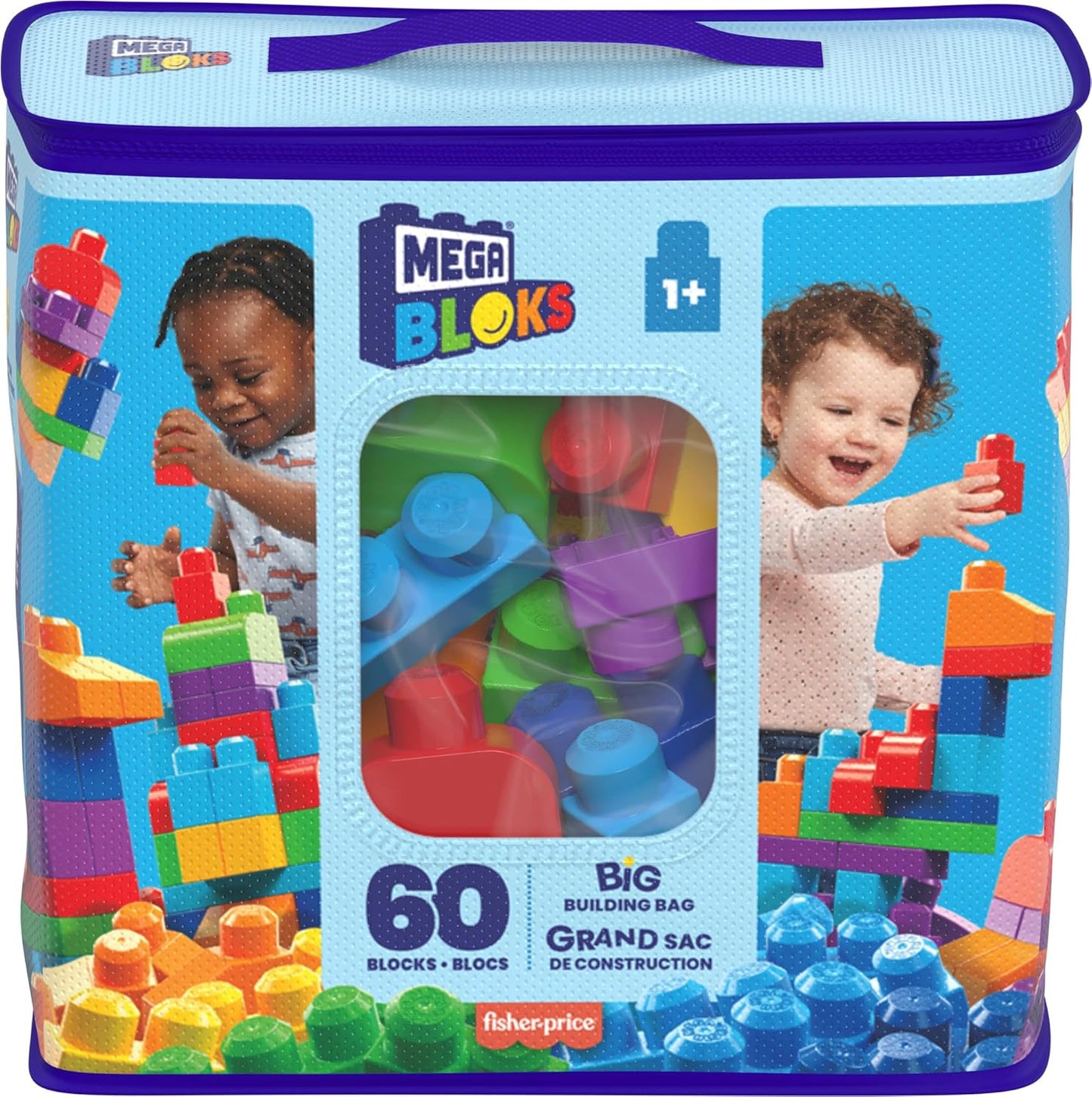 MEGA Conjunto de construção grande BLOKS Big Building Bag com 60 blocos de construção grandes e coloridos e 1 saco de armazenamento, conjunto de brinquedo para presente para maiores de 1 ano, DCH55