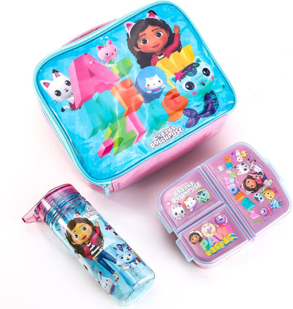 Zawadi Global Conjunto de lancheira infantil Gabby's Dollhouse Kids - lancheira isolada, lancheira com vários compartimentos e garrafa de água de 580 ml - conjunto de comida para almoço de viagem escolar