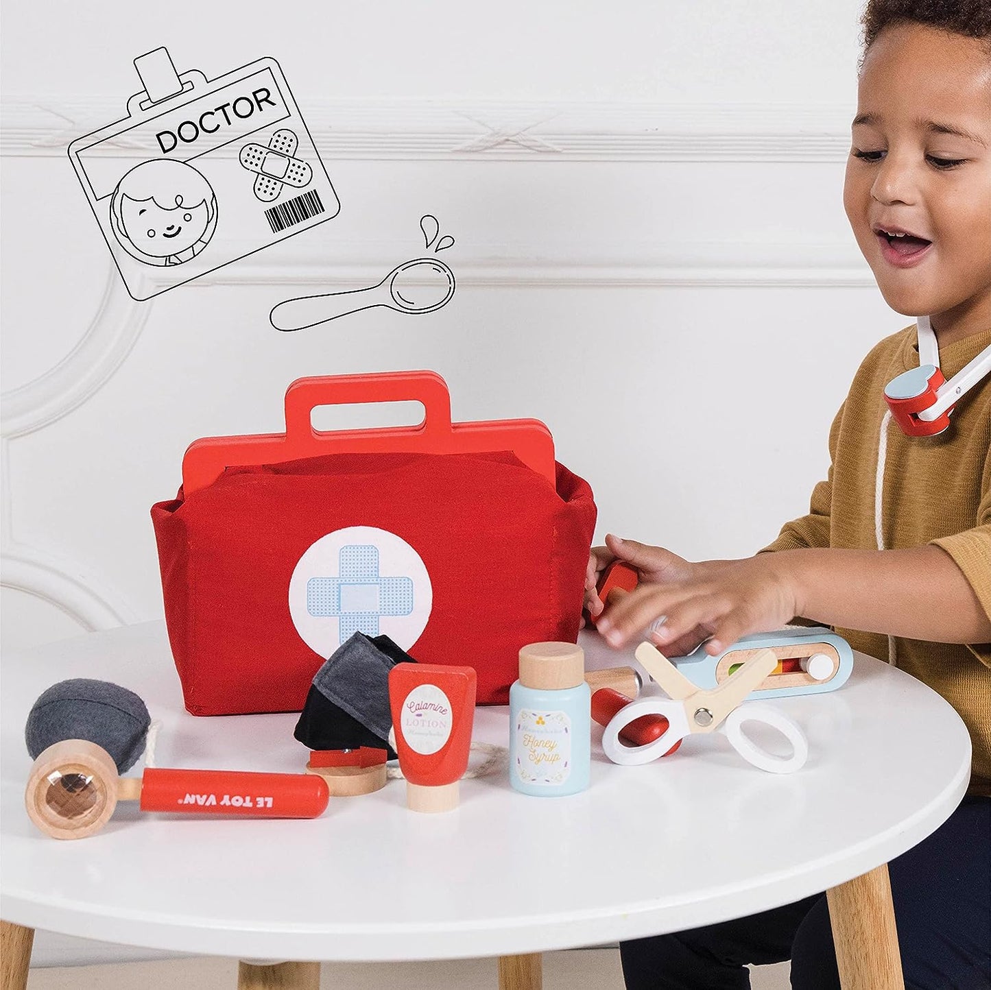 Le Toy Van - Kit de conjunto de brincadeiras médicas para crianças de madeira educacional fingir brincar Honeybake Doctor | Crianças fingem dramatização para meninos e meninas - 3 anos +