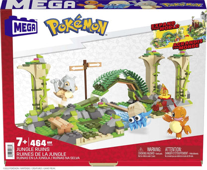 MEGA Conjunto de construção Pokémon Jungle Ruins, figuras de Cubone, Charmander e Omanyte, 464 tijolos e peças compatíveis que se conectam com outros mundos, conjunto de brinquedos para presentes para meninos e meninas