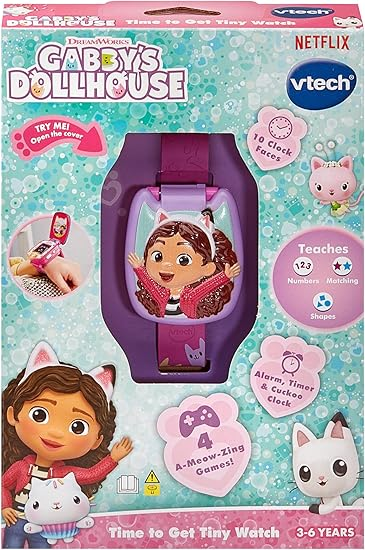 VTech Gabby's Dollhouse Time to Get Tiny Watch, relógio oficial Gabby's Dollhouse com cronômetro, cronômetro e despertador, brinquedo interativo, presente para crianças de 3, 4, 5 anos ou mais, versão em inglês