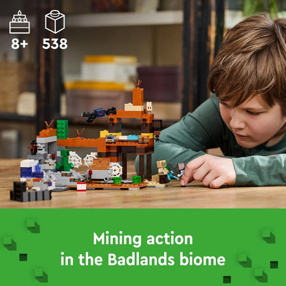 LEGO Brinquedo de videogame Minecraft The Badlands Mineshaft para meninos e meninas de 8 anos ou mais, inclui figuras de explorador, trepadeira e aranha para brincadeira independente, presente de aniversário para crianças