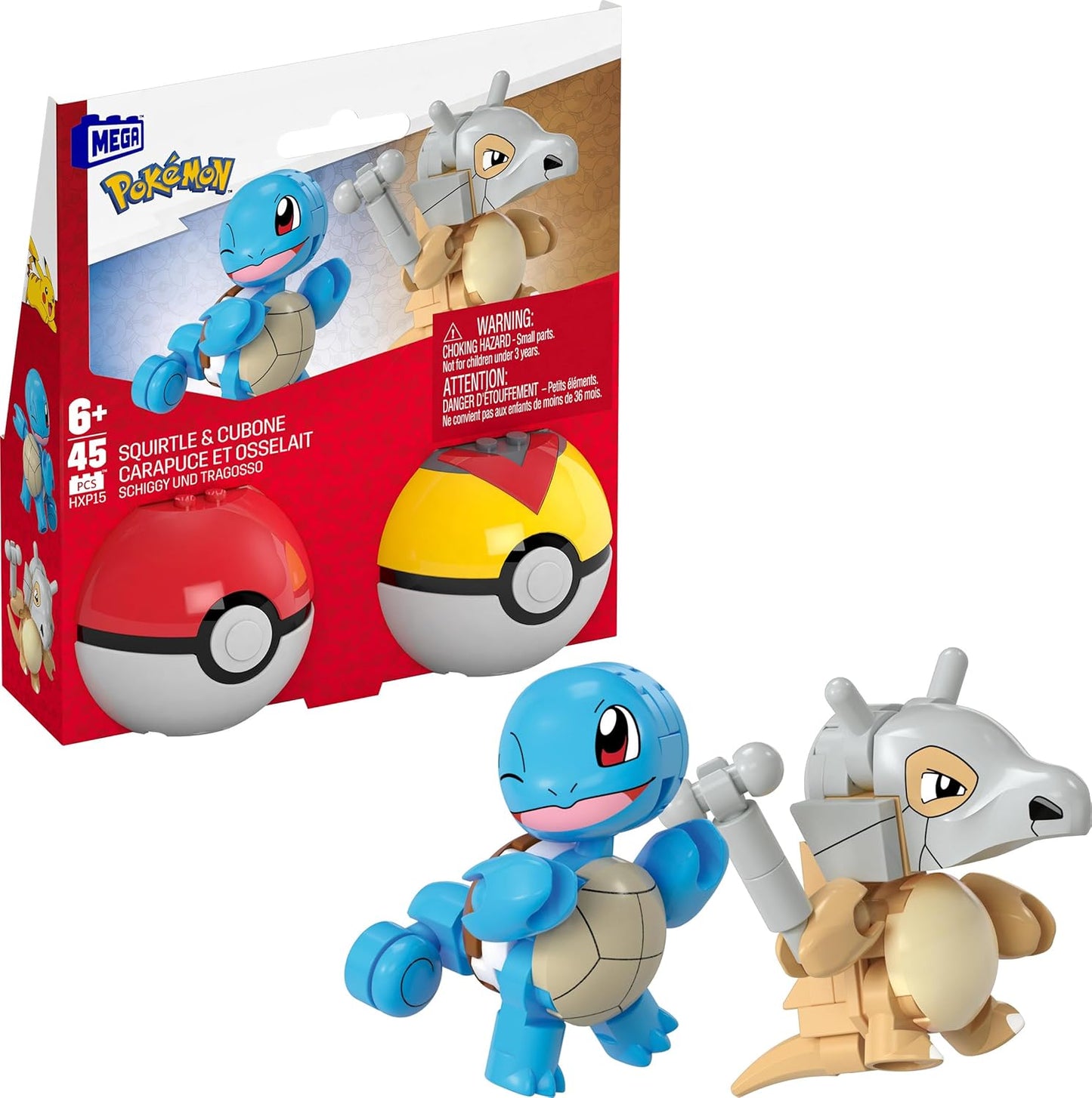 MEGA Conjunto de brinquedos de construção Pokémon Squirtle e Cubone com 45 peças, 2 personagens articulados e Pokébola, 2 polegadas de altura, para crianças, HXP15