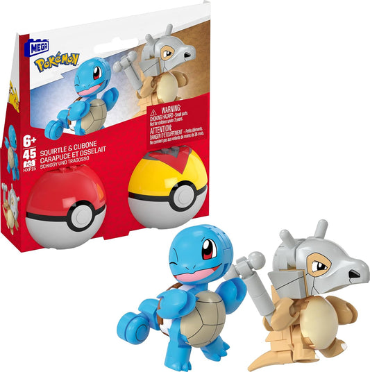 MEGA Conjunto de brinquedos de construção Pokémon Squirtle e Cubone com 45 peças, 2 personagens articulados e Pokébola, 2 polegadas de altura, para crianças, HXP15