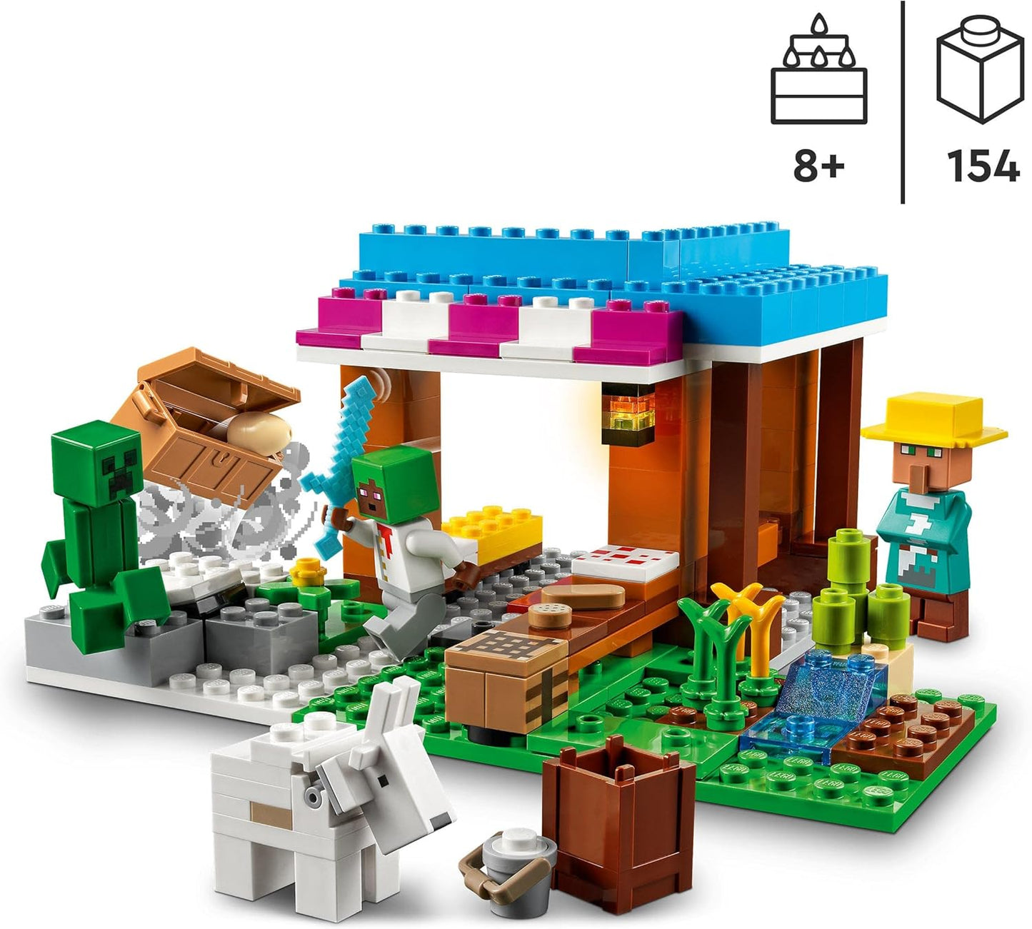 LEGO 21184 Minecraft The Bakery Modular Farm Village Building Set, presente para crianças, meninos e meninas de 8 anos ou mais com espada de brinquedo de diamante, trepadeira e figuras de animais de cabra