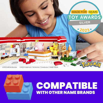 MEGA Pokémon Playset, Forest Pokémon Center inclui Pikachu, Chansey, Eevee e Togepi, brinquedos de construção para crianças e adultos, modelo de personagem colecionável com 648 peças