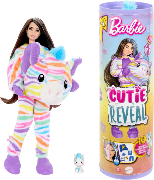 Barbie Boneca Cutie Reveal e acessórios com fantasia de pelúcia de zebra arco-íris e 10 surpresas, incluindo mudança de cor, série Color Dream, HRK39