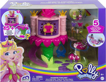 Polly Pocket Rainbow Funland Fairy Flight Ride Playset, bonecas Polly & Friend, 15 acessórios, recurso dispensador para surpresas, ótimo presente para maiores de 4 anos