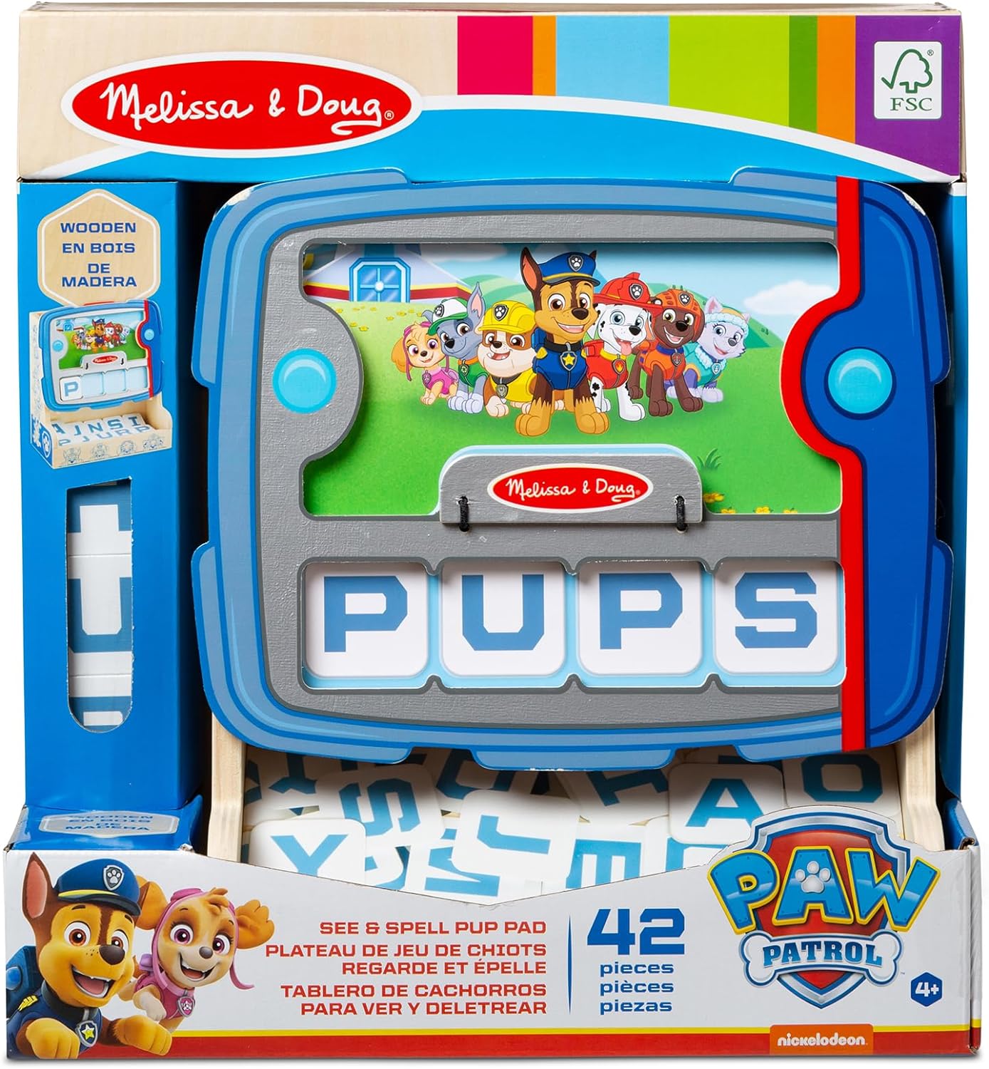 Melissa & Doug Caminhão de brinquedo PAW Patrol com blocos de construção de madeira com alfabeto e número, brinquedos infantis para meninas e meninos de 3 anos ou mais, brinquedos PAW Patrol para meninos, presente de veículos infantis para menino ou