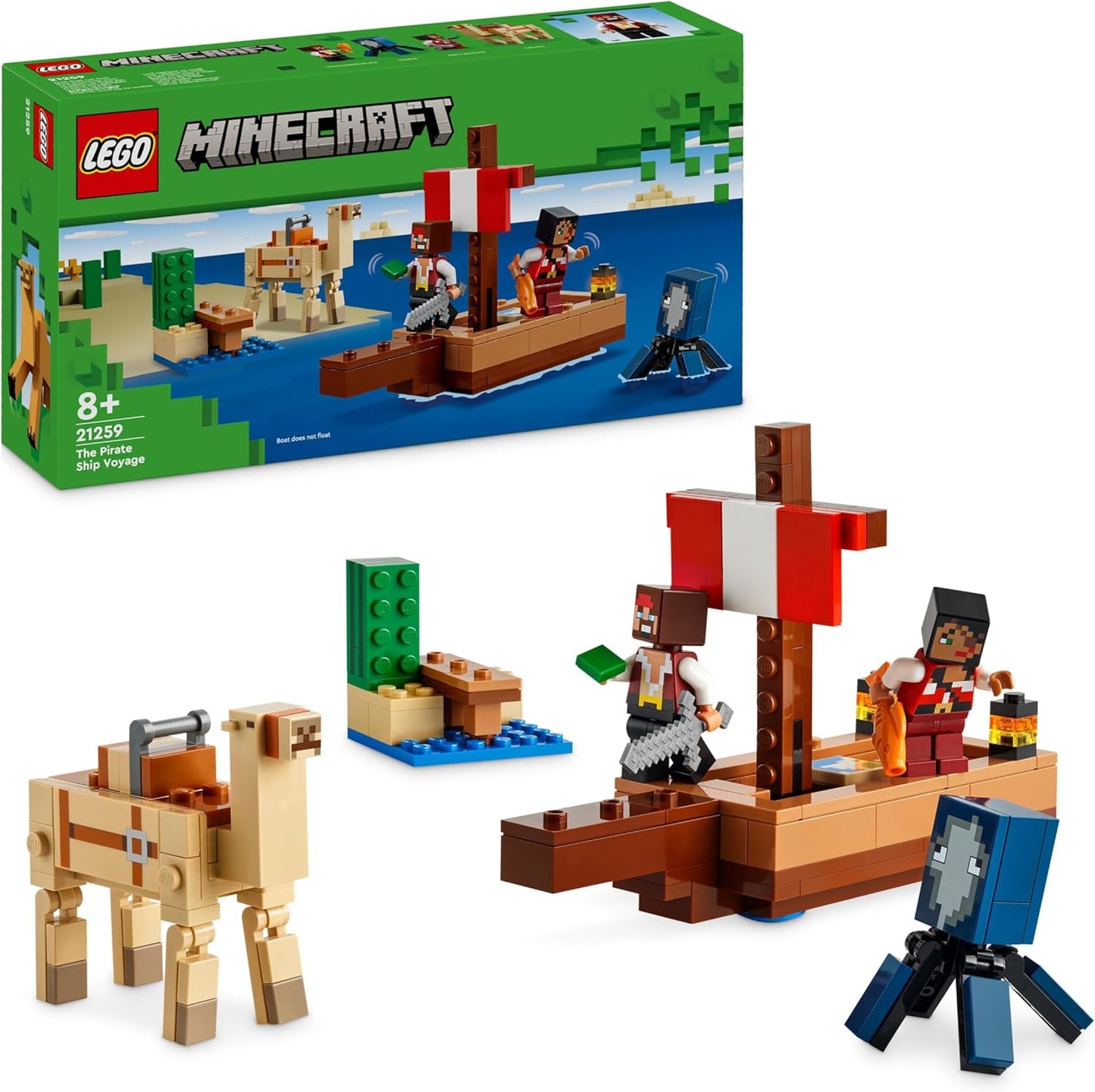 LEGO Minecraft The Pirate Ship Voyage Boat Toy Playset para crianças, conjunto de construção com figuras de lula, camelo e pirata, presente de jogador para meninos e meninas de 8 anos ou mais 21259