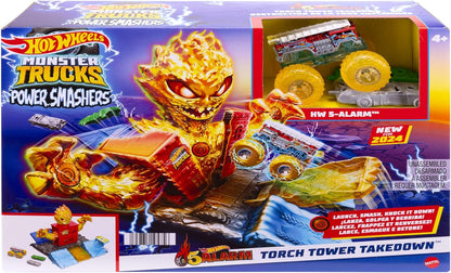 Hot Wheels Conjunto de brinquedos Monster Trucks, use o caminhão de bombeiros com 5 alarmes em escala 1:64 para lutar contra o monstro de fogo para uma revelação engraçada, inclui 2 carros esmagados, Power Smashers