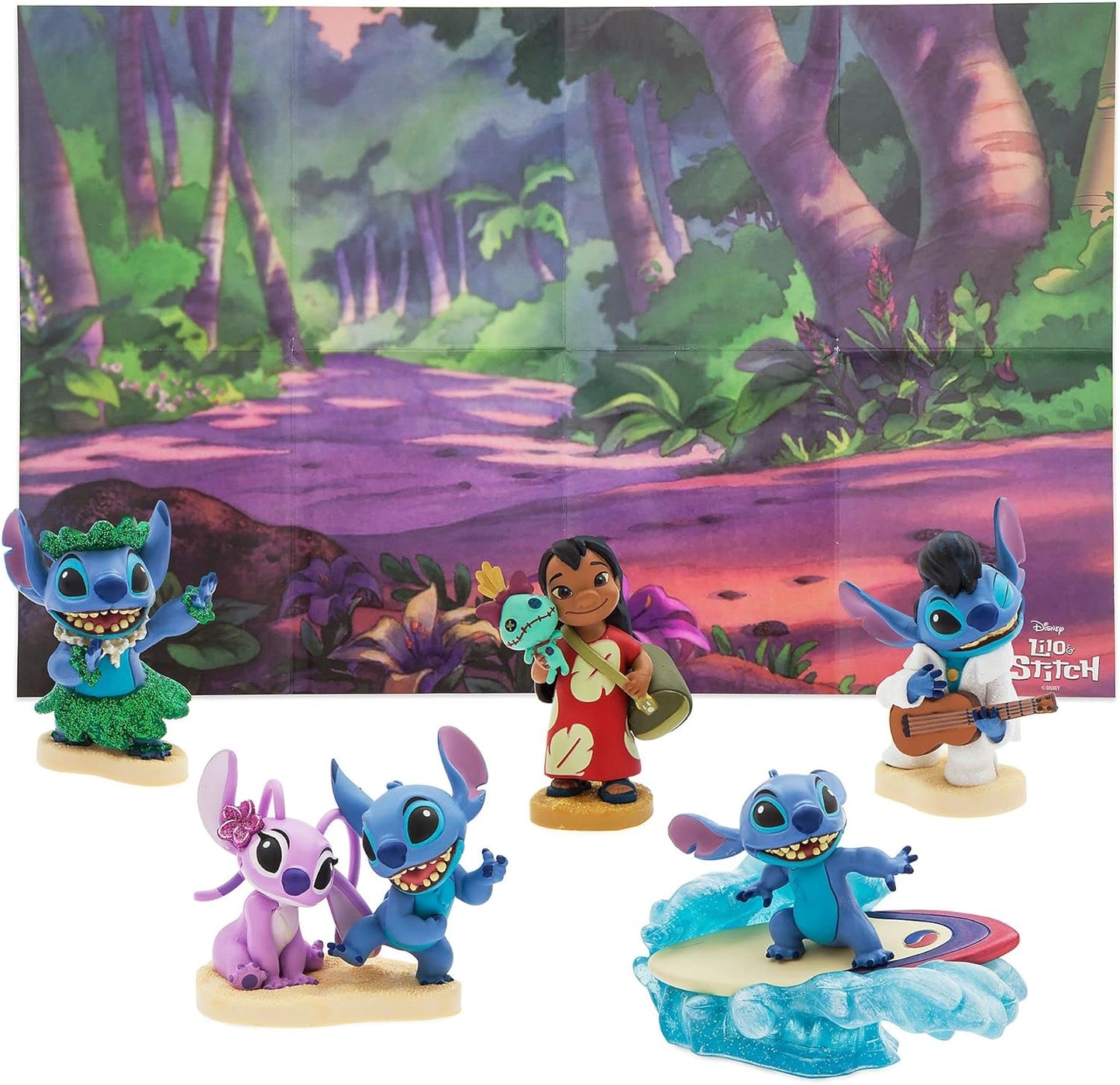 Juego de figuras de lujo de 6 piezas de Lilo y Stitch oficial de Disney Store, figuras de juguete de personajes moldeados que incluyen Lilo, Stitch y Ángel, presenta ilustraciones coloridas y detalladas, adecuado para mayores de 3 años