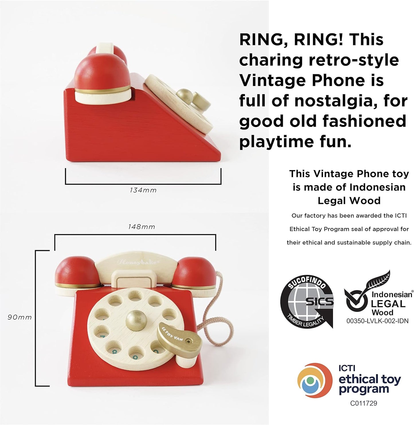 Le Toy Van - Brinquedo de dramatização de telefone de madeira vintage | Meninos ou meninas fingem brincar com brinquedo e comida - para maiores de 3 anos