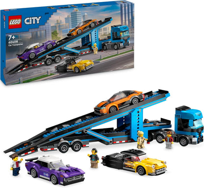 LEGO Caminhão transportador de carro urbano com carros esportivos, conjunto de brinquedos de 4 veículos para crianças, meninos e meninas de mais de 7 anos, com trailer e 4 minifiguras para brincadeiras imaginativas, ideia criativa para presente 60408