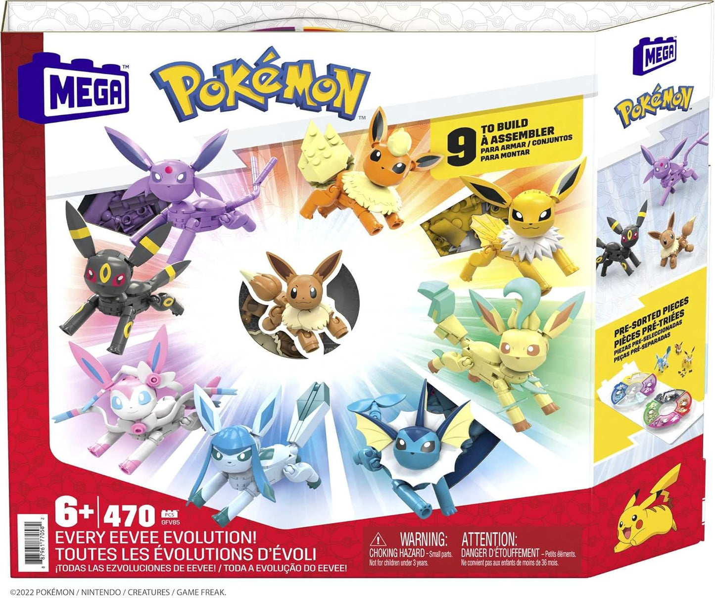 MEGA Pokémon Building Toys define cada evolução do Eevee com 470 peças, 9 personagens articuláveis, para crianças, GFV85