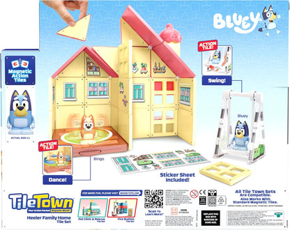 Tile Town Bluey Heeler Home Magnetic Tiles Construction Building Playset com figuras Bluey e Bingo, crianças de 3 a 5 anos ou mais, novos blocos de ação para brincadeiras de ação, construções realistas, brinquedo criativo STEM