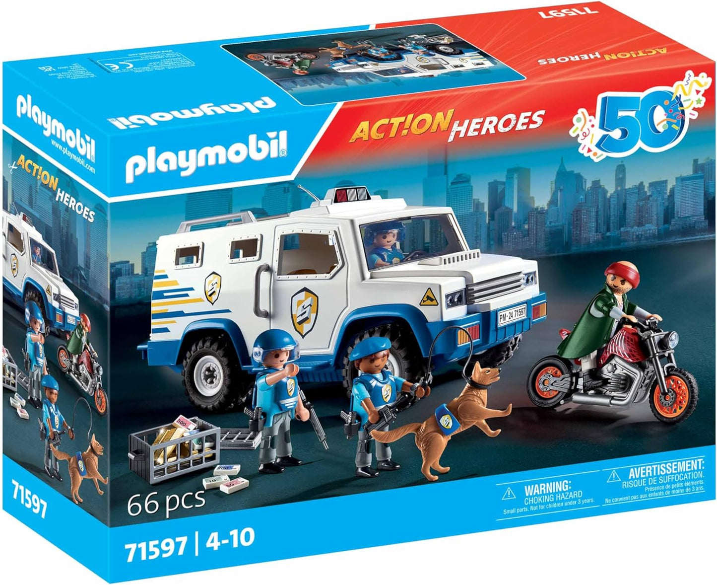 Playmobil 71597 Action Heroes: Police Money Transporter, thrilling heist chase, including three police officers, a crook on a motorcycle, and a police dog, play sets suitable for children ages 4+