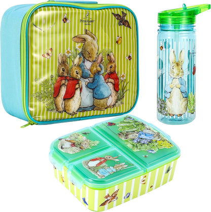 Zawadi Global Conjunto de lancheira infantil Peter Rabbit Kids - lancheira isolada, lancheira com vários compartimentos e garrafa de água de 580 ml - conjunto de comida para almoço de viagem escolar, sem BPA