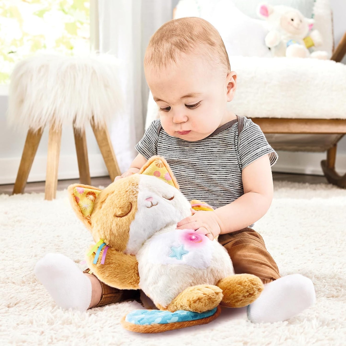 VTech Gatinho ronronante calmante para bebês, gatinho macio e relaxante com 3 modos de brincadeira, sons da natureza, ronronar e movimento de respiração, brinquedo interativo, presente para bebês de 0, 3, 6, 12 meses +, versão em inglês