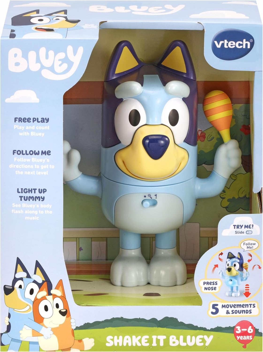 VTech Shake It Bluey, Personaje Oficial, Juguete Interactivo para Niños con Música, Sonidos y Frases de la Serie de TV, Regalo Educativo para Niños de 3, 4, 5 años en adelante, Versión en Inglés