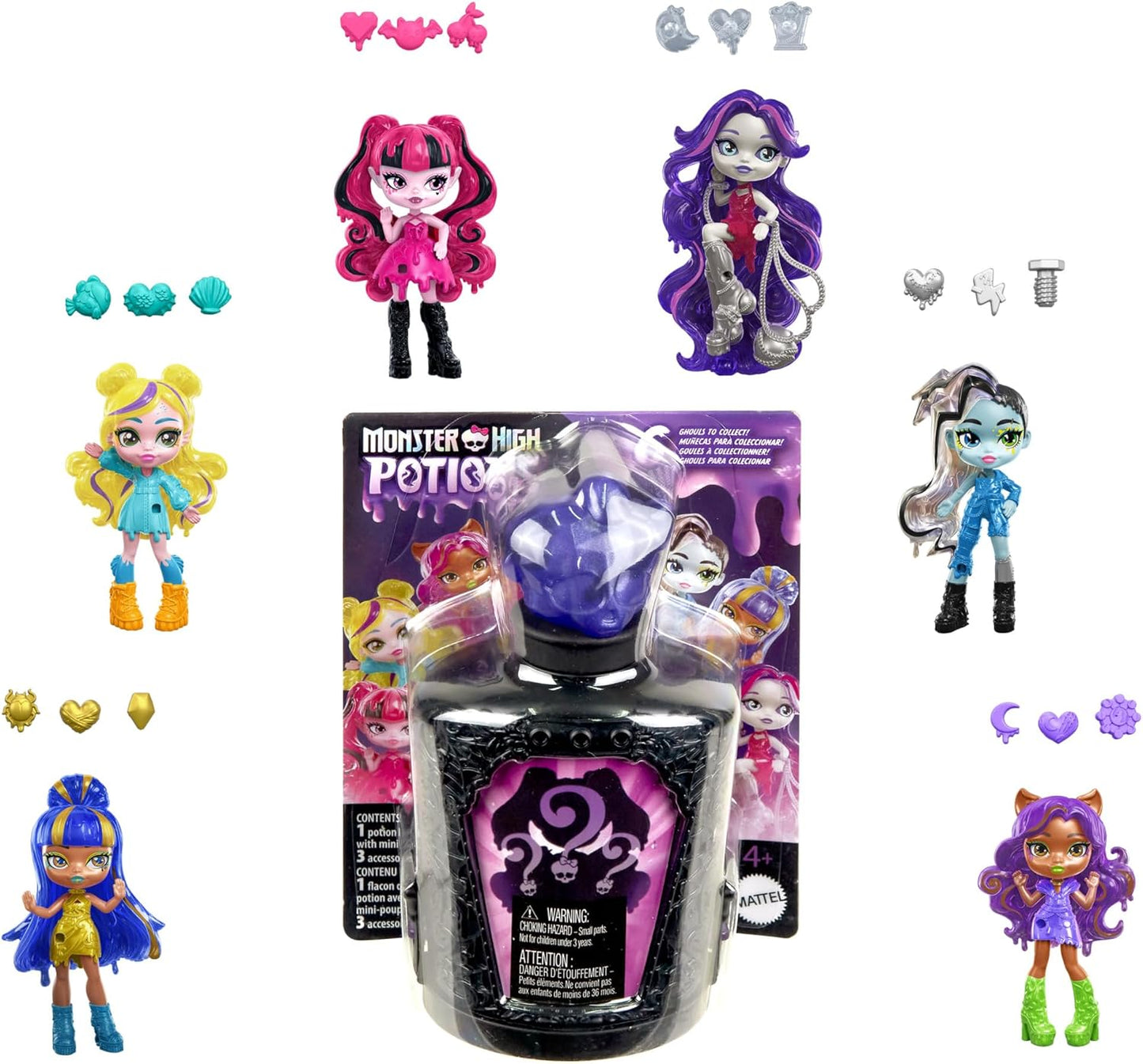 Monster High Mini bonecas e acessórios Potions, figuras de personagens surpresa de 3 polegadas em garrafa de exibição com revelação de água e amuletos