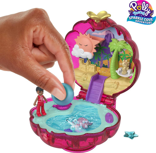 Polly Pocket Dolls e acessórios, Sparkle Beach Shell Compact com Micro Doll & Ocean Pet, Brinquedo de viagem com brincadeira aquática,