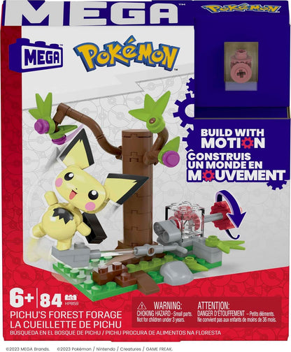 Mega Conjunto de brinquedos de construção de bonecos de ação Pokémon, Pichu's Forest Forage com 84 peças, movimento e 1 personagem articulado e montável, HPB59