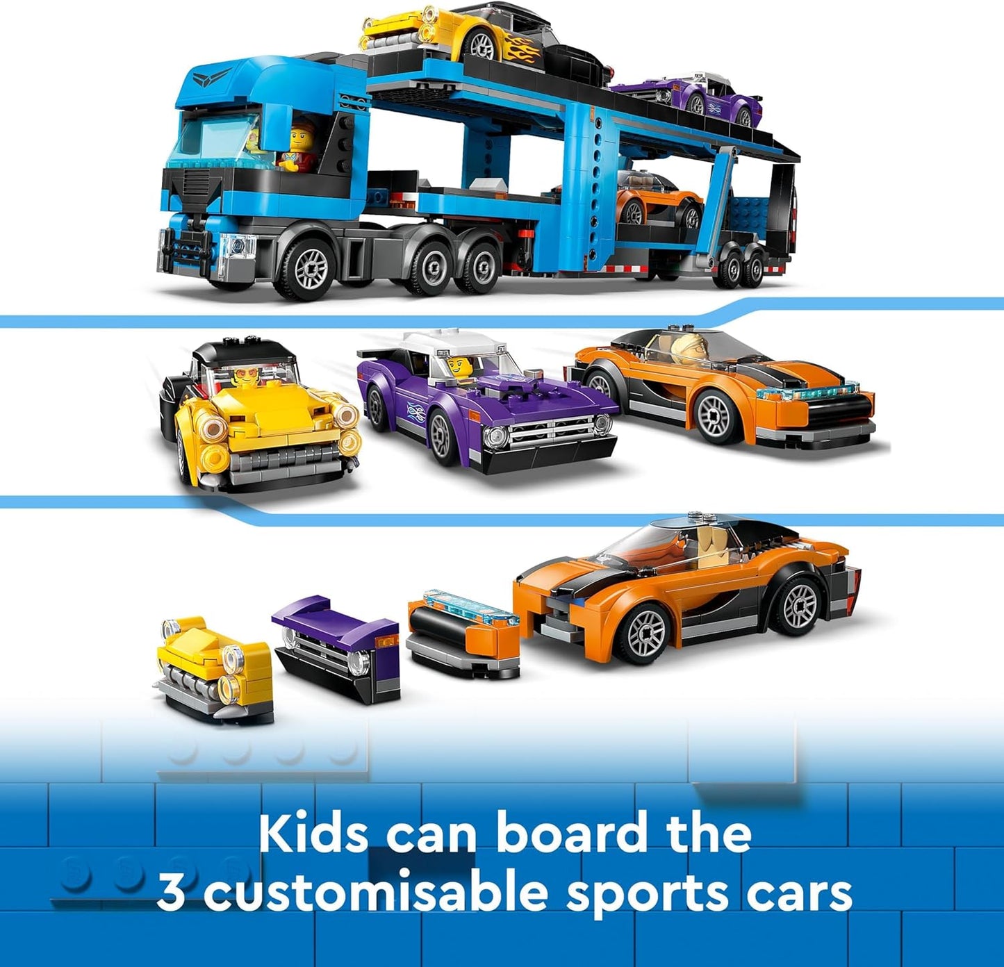 LEGO Caminhão transportador de carro urbano com carros esportivos, conjunto de brinquedos de 4 veículos para crianças, meninos e meninas de mais de 7 anos, com trailer e 4 minifiguras para brincadeiras imaginativas, ideia criativa para presente 60408