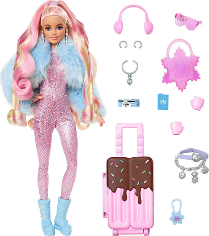 Muñeca de viaje Barbie a la moda invernal, Barbie Extra Fly, mono rosa brillante y abrigo de piel sintética, HPB16