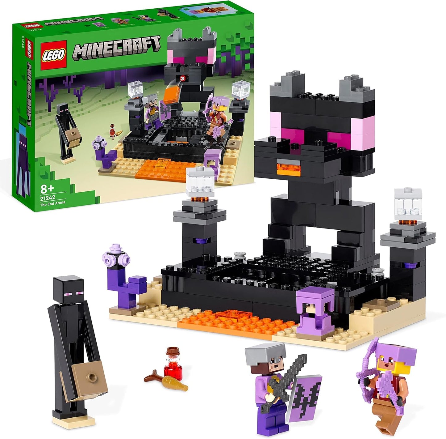 LEGO Minecraft The End Arena, conjunto de jogos de batalha jogador contra jogador, brinquedos de ação para crianças, meninos e meninas com mais de 8 anos, com figuras de Lava, Ender Dragon e Enderman