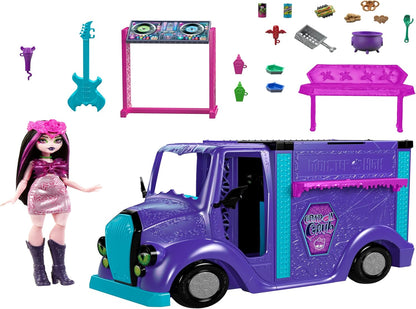 Monster High Boneca e playset Draculaura, Fangtastic Rockin’ Food Truck com transformação de palco removível e mais de 13 acessórios temáticos de comida e música, HXH83