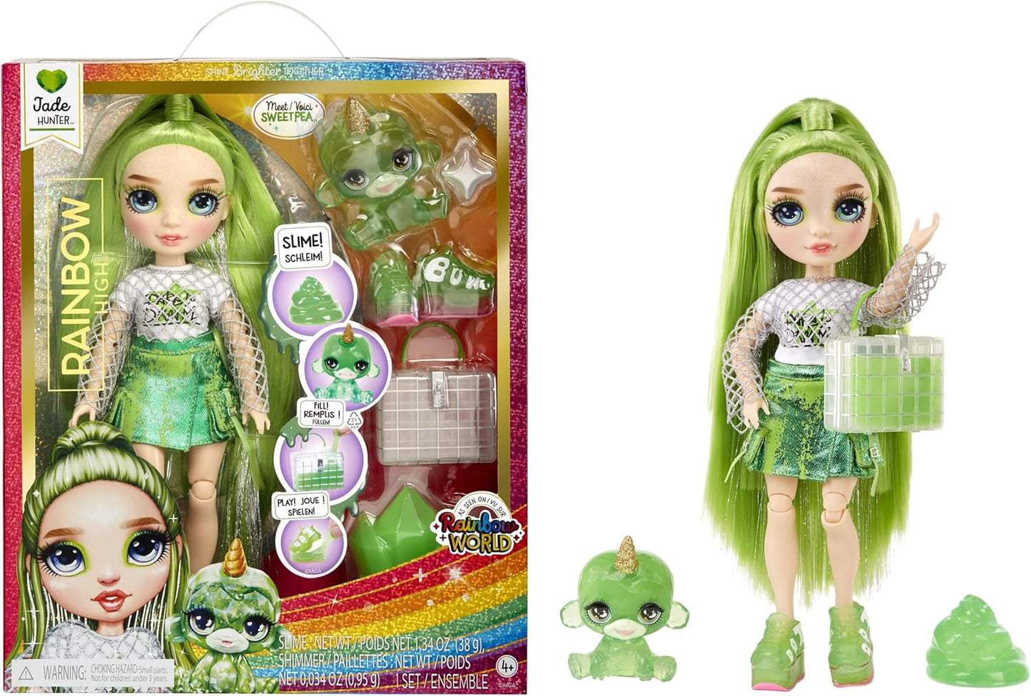 Muñeca de alta moda arcoíris con limo y mascota - Jade (verde) - Muñeca brillante de 28 cm con limo brillante, mascota mágica y accesorios de moda - Juguete para niños - Ideal para edades de 4 a 12 años