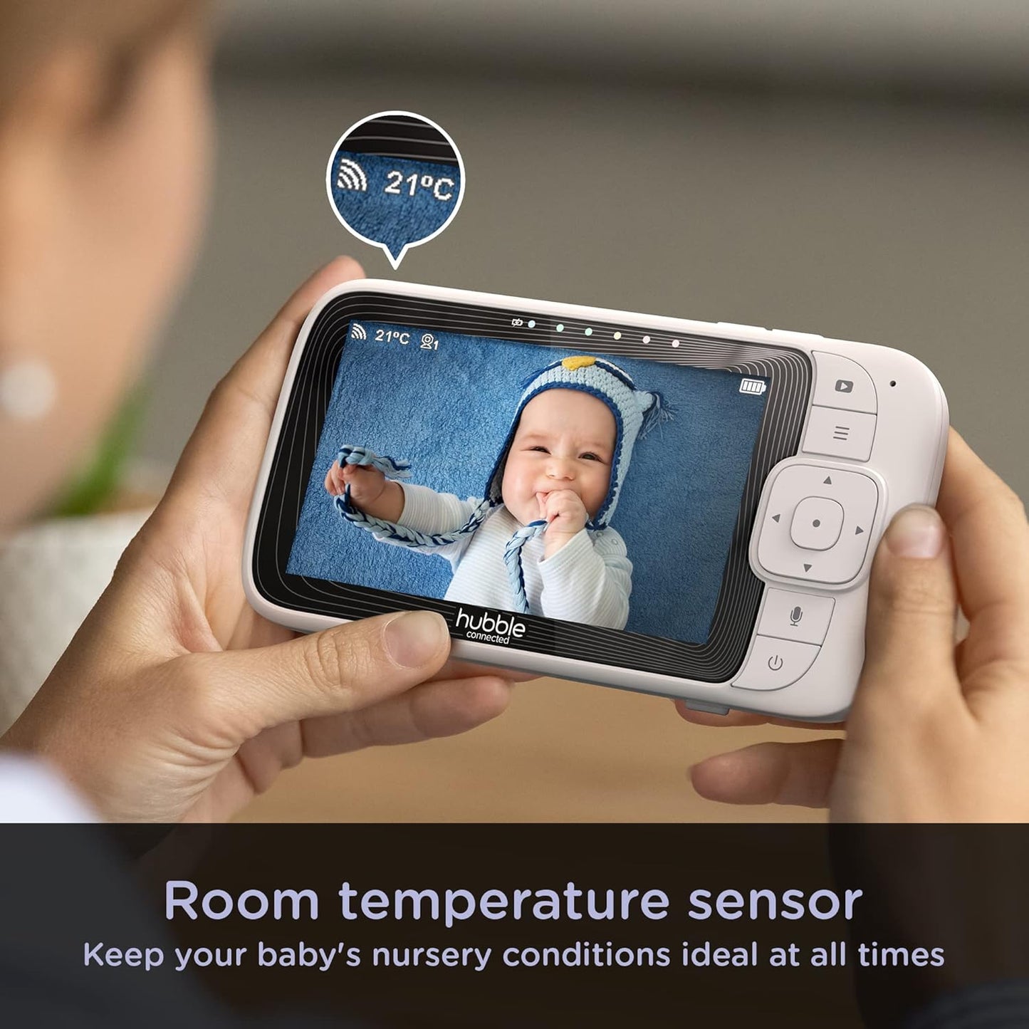 Hubble Monitor de bebê premium Pal Link de 5 polegadas, aplicativo HubbleClub conectado, com sensor de temperatura ambiente, visão noturna infravermelha, sons da natureza, conexão Wi-Fi segura privada - branco