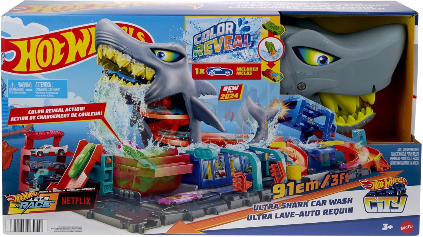 Hot Wheels Let's Race Netflix - Conjunto de pista de carro de brinquedo da cidade, Ultra Shark Car Wash com carro de brinquedo de revelação de cores em escala 1:64, recurso de mudança de cor repetida, armazenamento, HTN82