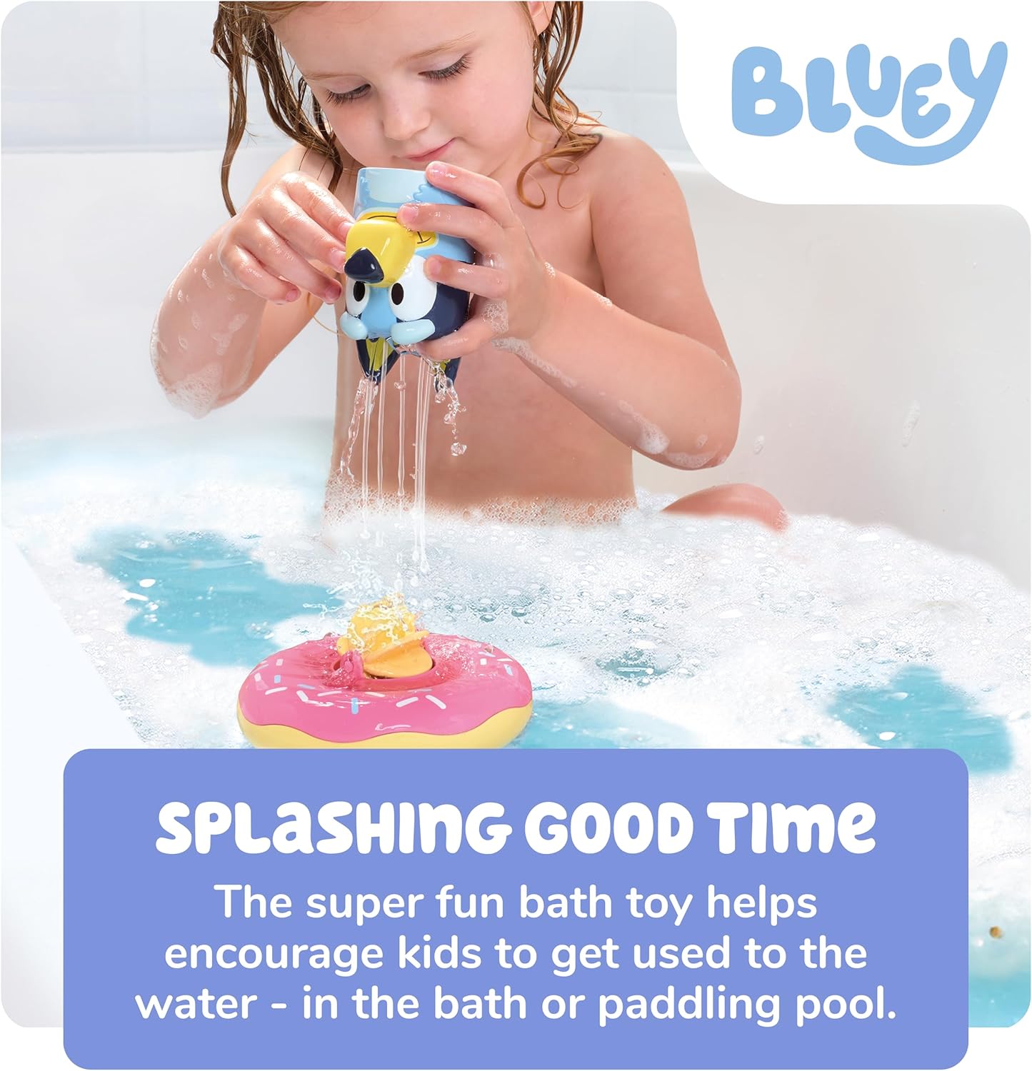 Toomies Bluey Splash and Float Bluey - Copo de despejar de brinquedo de banho com furos de chuveiro e anel de piscina de brinquedo de roda d'água - Brinquedos sensoriais de água - Bluey Toys oficialmente licenciados - Brinquedos de banho para bebês