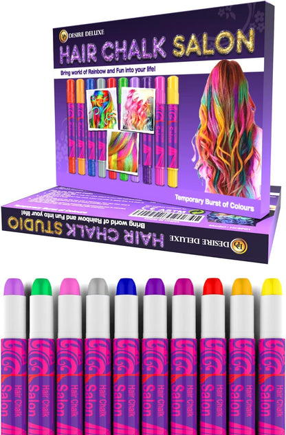 Presente de giz de cabelo deluxe Desire para meninas - 10 tinturas de cabelo temporárias não tóxicas, fáceis de lavar, coloridas, metálicas e com glitter - Great Games Birthday Girls