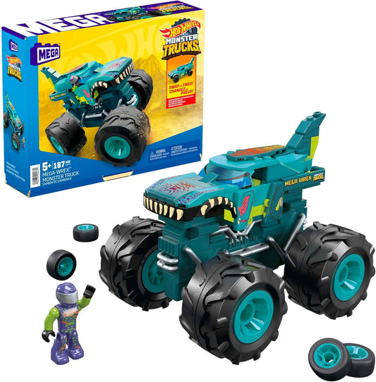 MEGA Hot Wheels Monster Trucks Building Toy Playset, Mega-Wrex com 187 peças, 1 micro driver de boneco de ação, ideias de presentes para crianças de 5 anos ou mais, HDJ95