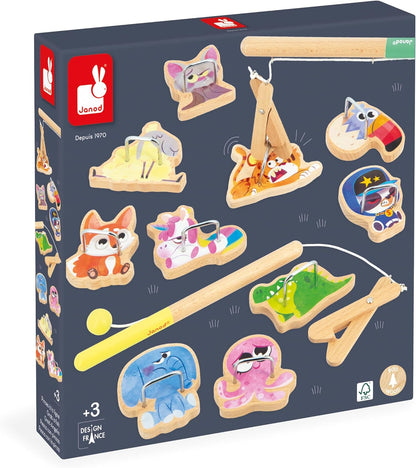 Janod - Juego de Garras Applepop - Juego de Habilidad Infantil - 2 Garras + 10 Animales + 1 Bolsa - Desarrolla Destreza y Concentración - Juguete de Madera FSC - A partir de 3 años,