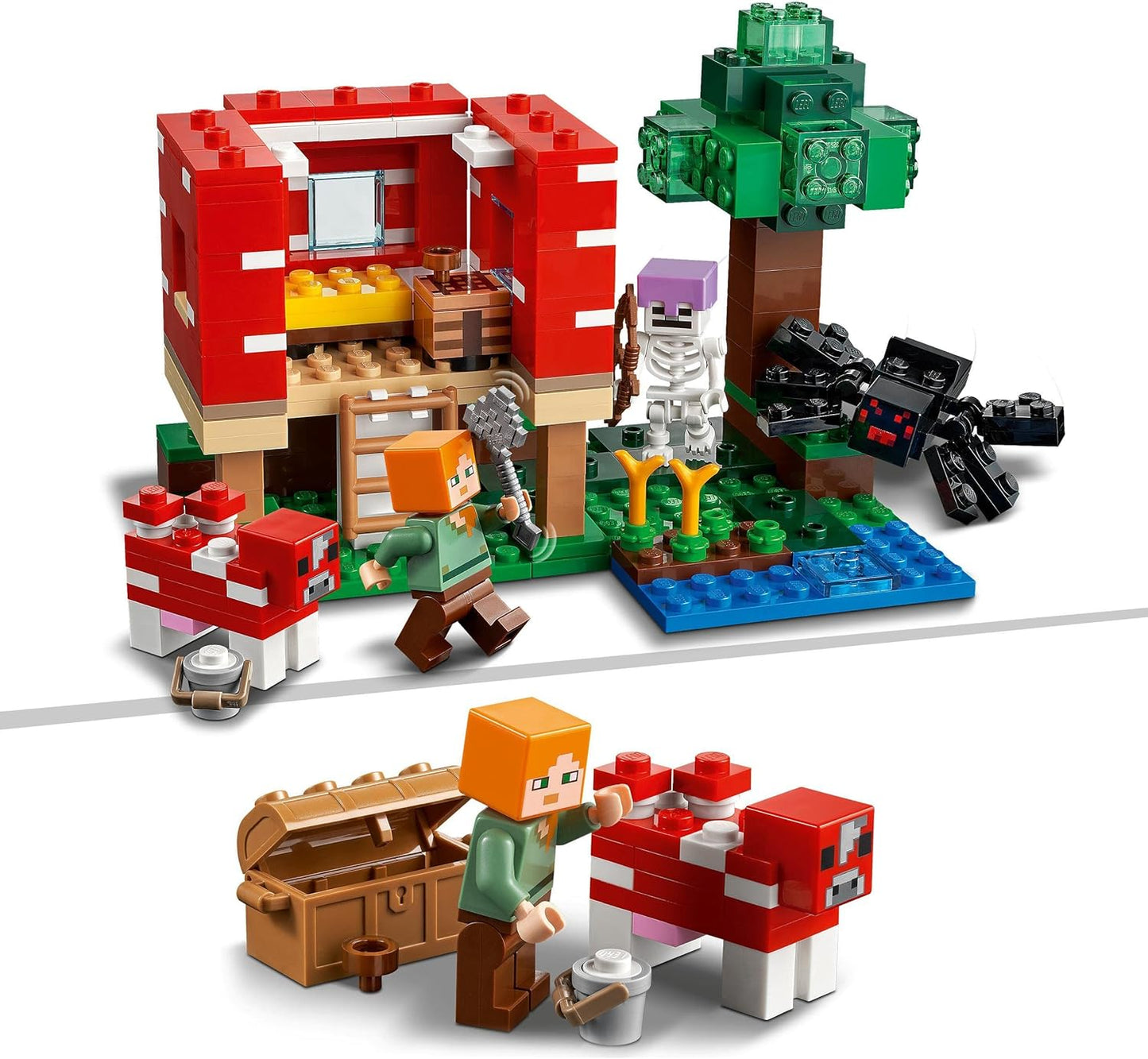 LEGO Conjunto Minecraft The Mushroom House, brinquedo de construção para crianças a partir de 8 anos, ideia de presente com figuras de Alex, Mooshroom e Spider Jockey