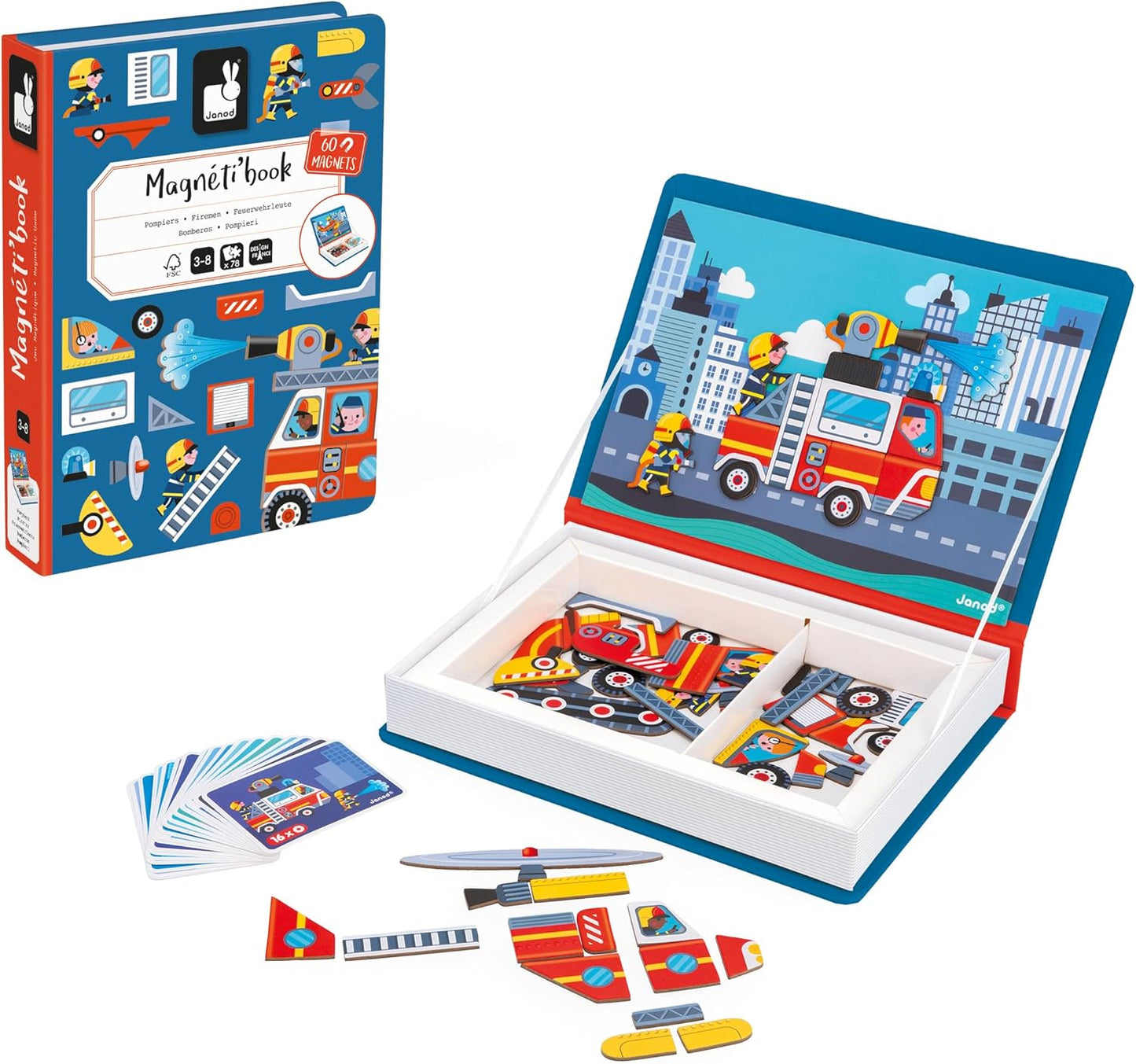 Janod - Magnéti'Book Firefighters - Jogo educativo de 60 ímãs com 18 cartas modelo - Brinquedo infantil de papelão FSC - Desenvolve destreza e criatividade - 3 anos +