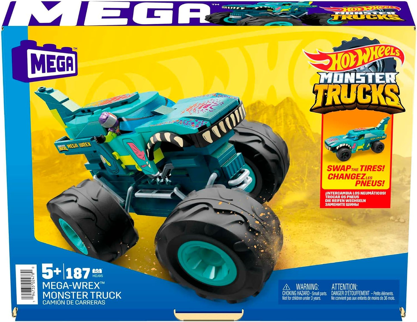 MEGA Hot Wheels Monster Trucks Building Toy Playset, Mega-Wrex com 187 peças, 1 micro driver de boneco de ação, ideias de presentes para crianças de 5 anos ou mais, HDJ95