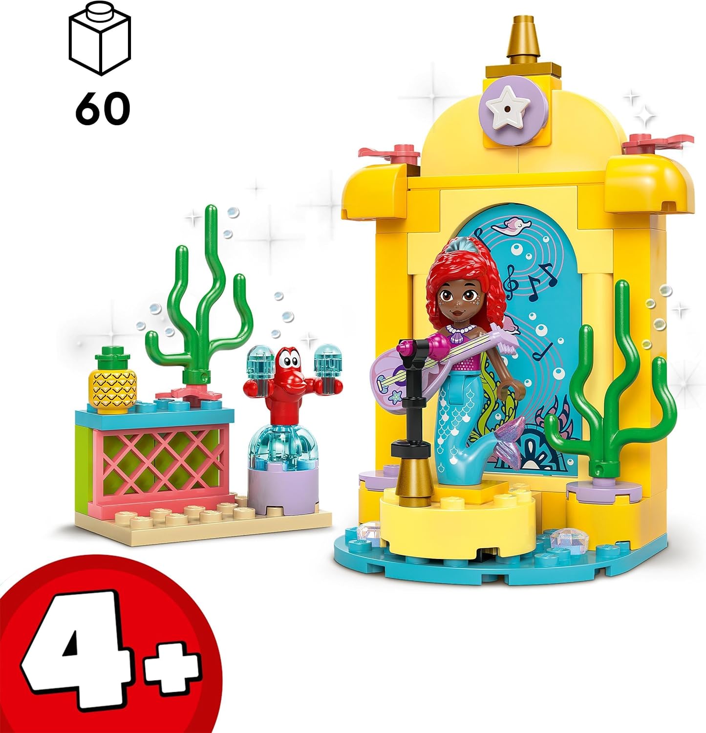 LEGO ǀ Palco musical da princesa Ariel da Disney, brinquedo montável para crianças, com personagem miniboneca e figura de animal Sebastian, ideia divertida de presente para fãs de programas de TV, meninas e meninos com mais de 4 anos 43235