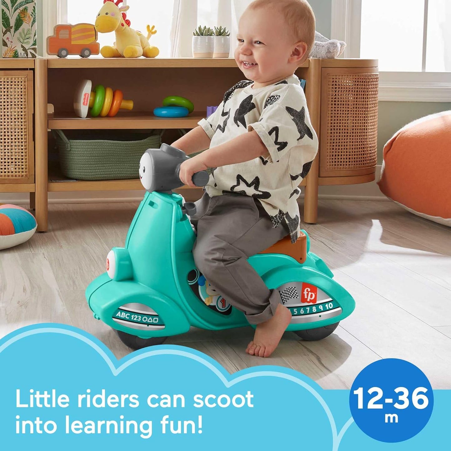 Fisher-Price Scooter de brinquedo para crianças da com conteúdo educacional de estágios inteligentes para brincadeiras de simulação, versão em vários idiomas, rir e aprender,