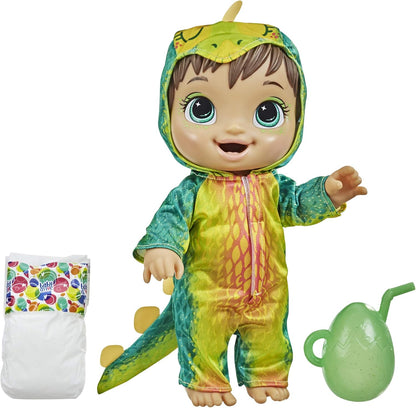 Muñeca Baby Alive Dino Cuties, estegosaurio, accesorios para muñecas, bebidas, salsas, juguete de dinosaurio estegosaurio para niños a partir de 3 años, cabello castaño